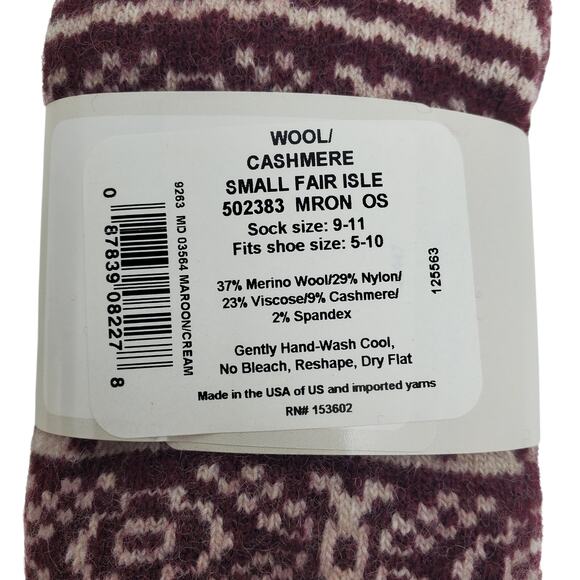 Garnet Hill Fair Isle Socks 9-11 Warm Wool Cashmere Blend Soft Crew Maroon Cream - Picture 3 of 6